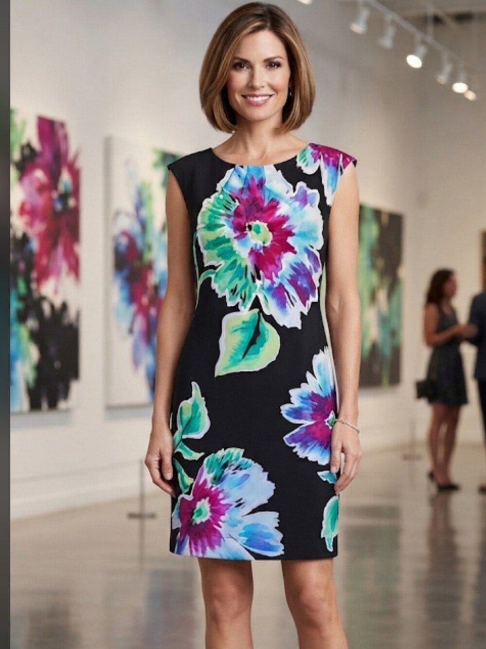 SIGNATURE LONDON STYLE- Floral Sleeveless Dress - Black with Multicolor Design